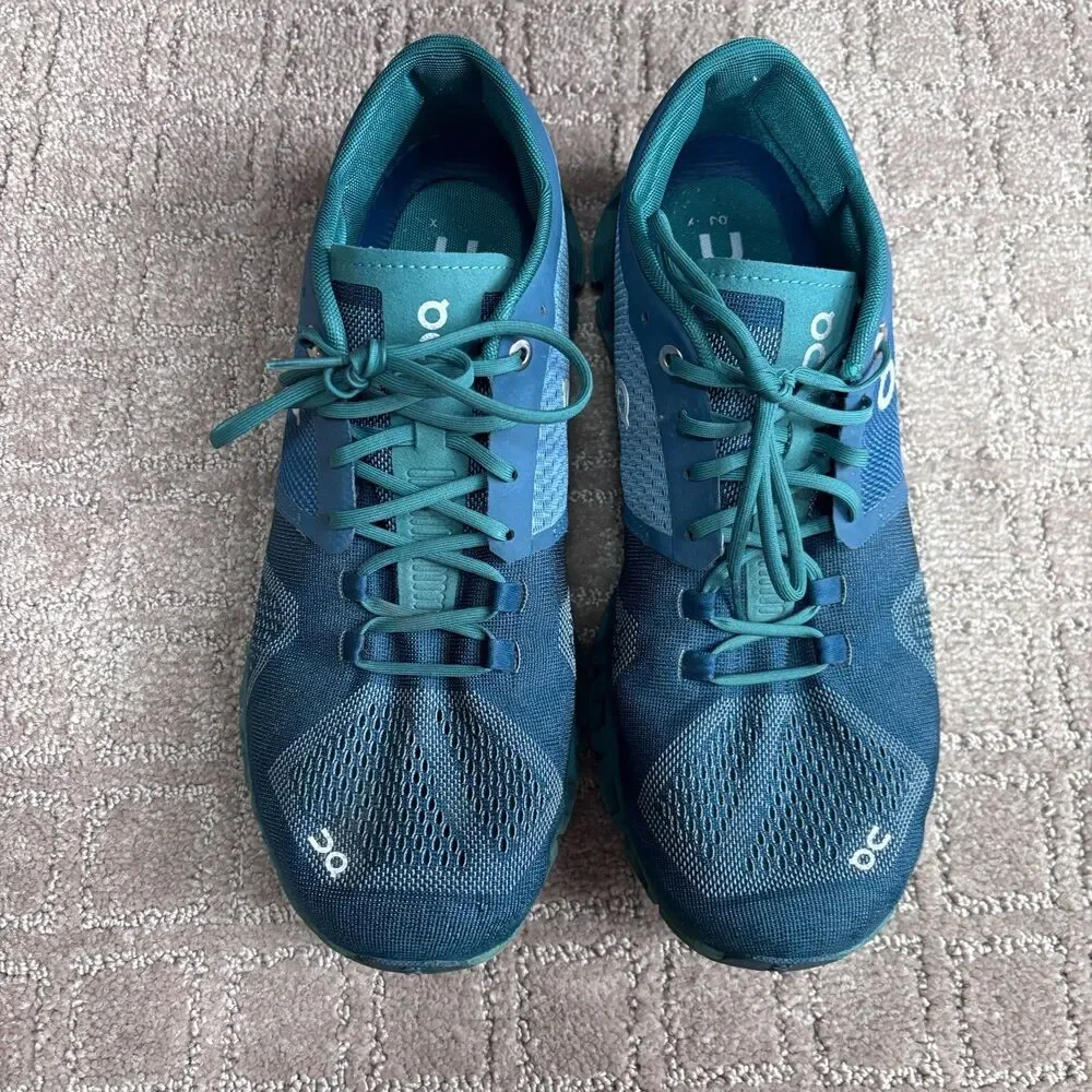 On Running Cloud X Sneakers Mens 8.5 Teal Blue Lace Up Train Athletic Mesh Gym